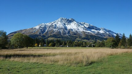 Fototapeta premium Snowy mountain peak with valley and meadow below.