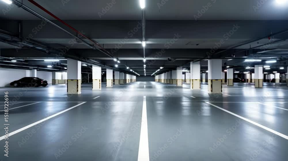 Poster endless view of an underground parking garage with rows of white painted support columns and bright 