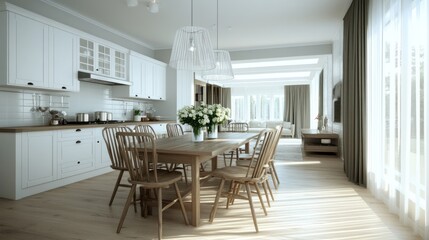Fototapeta premium Spacious, light-filled kitchen-dining area with rustic wooden table.