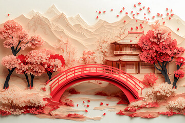 Paper illustration of a traditional Japanese landscape with a red arch bridge over a tranquil stream, surrounded by cherry trees in full bloom.