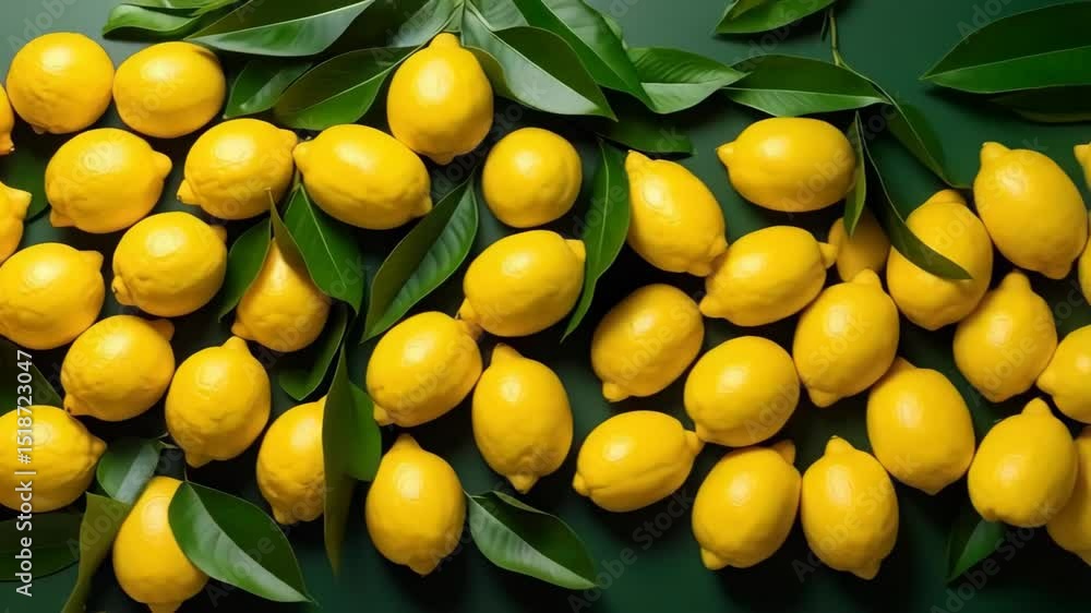 Poster overhead view of vibrant yellow lemons arranged with green leaves on a dark background, creating a f