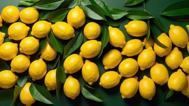 Overhead view of vibrant yellow lemons arranged with green leaves on a dark background, creating a fresh and zesty pattern.