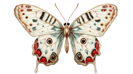 Vintage illustration of a delicate butterfly with ornate wings on transparent background cutout