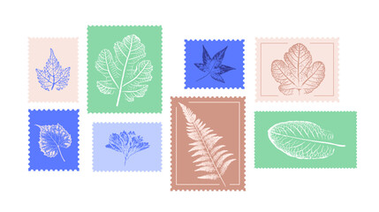 Set of flower stamps botanical prints on various color swatches. Plant and flower art for card design or invitation.
