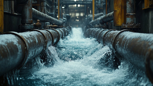 Water forcefully gushes from parallel steel industrial pipes, showcasing dynamic energy and powerful motion. A vivid representation of infrastructure, water treatment, and hydraulic force in action.

