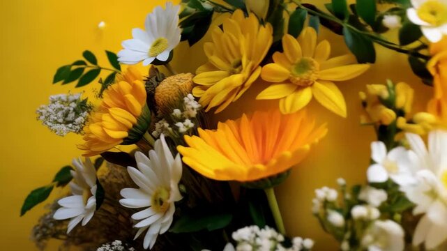 Arrangement of vibrant yellow and white assorted flowers on a bright yellow backdrop creating a spring floral layout design.