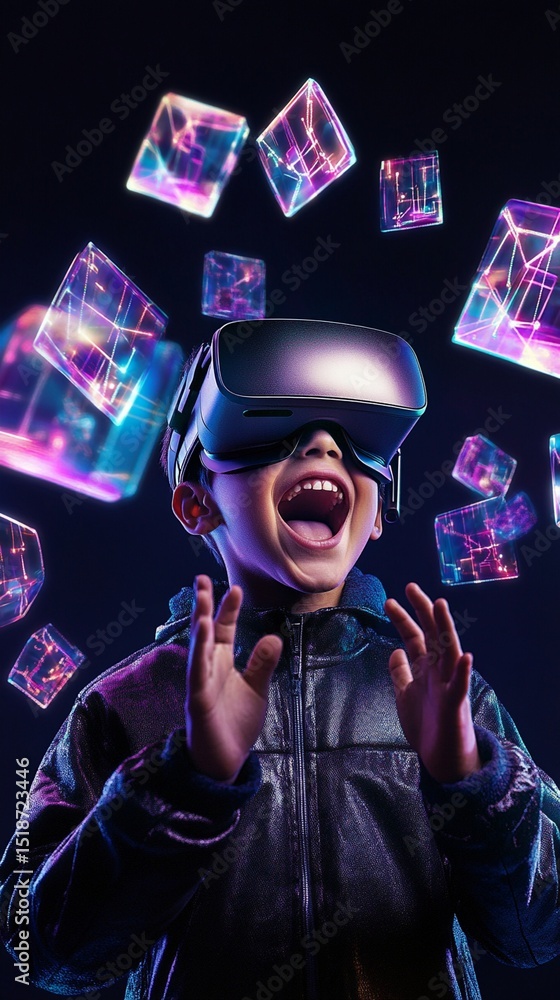 Poster immersive virtual reality experience unleashes pure joy as a child explores digital cubes floating i