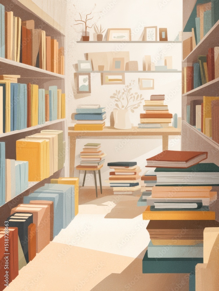 Poster cozy home library filled with stacked books and organized open space