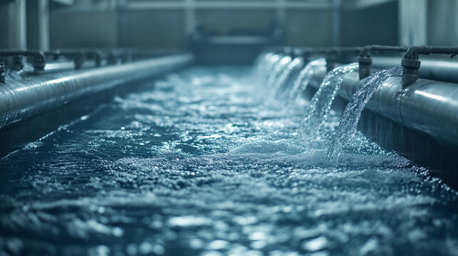 Water forcefully gushes from parallel steel industrial pipes, showcasing dynamic energy and powerful motion. A vivid representation of infrastructure, water treatment, and hydraulic force in action.

