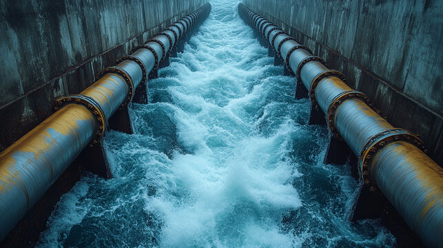 Water forcefully gushes from parallel steel industrial pipes, showcasing dynamic energy and powerful motion. A vivid representation of infrastructure, water treatment, and hydraulic force in action.

