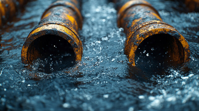 Water forcefully gushes from parallel steel industrial pipes, showcasing dynamic energy and powerful motion. A vivid representation of infrastructure, water treatment, and hydraulic force in action.

