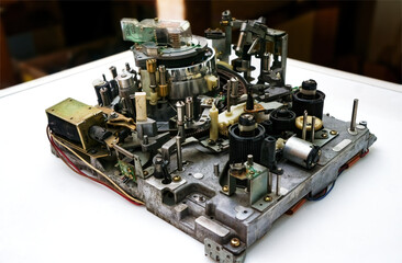 Vcr MII system mechanics showing gears, belt, motor and circuit board