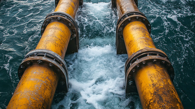 Water forcefully gushes from parallel steel industrial pipes, showcasing dynamic energy and powerful motion. A vivid representation of infrastructure, water treatment, and hydraulic force in action.

