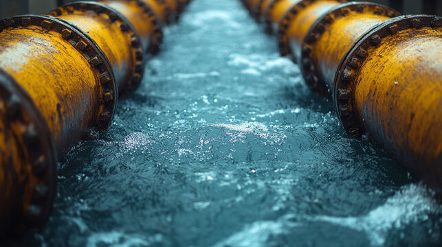 Water forcefully gushes from parallel steel industrial pipes, showcasing dynamic energy and powerful motion. A vivid representation of infrastructure, water treatment, and hydraulic force in action.

