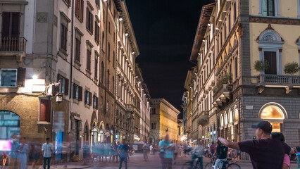 Cozy narrow street in Florence timelapse, Tuscany, Italy. Night Florence cityscape