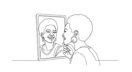 Obraz premium Young woman smiling while looking in mirror with earrings