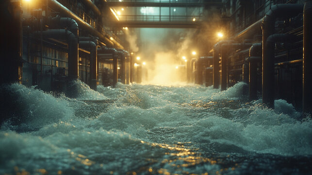 Water forcefully gushes from parallel steel industrial pipes, showcasing dynamic energy and powerful motion. A vivid representation of infrastructure, water treatment, and hydraulic force in action.

