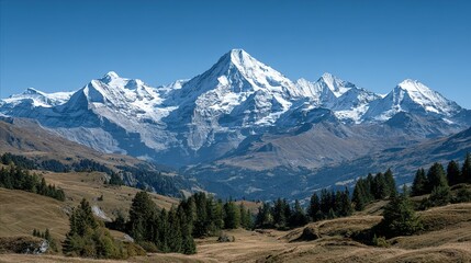 Snowy mountain peaks rise above a valley landscape.