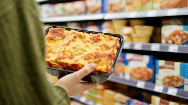 Person holding prepackaged lasagna in supermarket frozen food aisle
