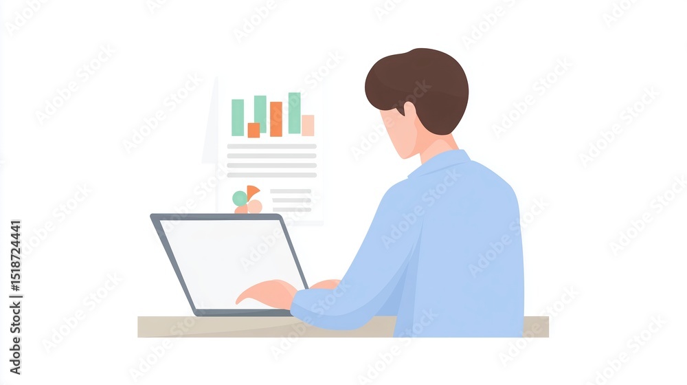 Poster young man working on laptop in modern office environment, analyzing data charts and reports, showcas