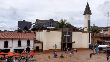 El Carmen de Viboral, Antioquia, Colombia. June 1, 2025. Panoramic drone view of the town's main church.