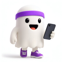 Trendy Whimsical Happy Ghost Cartoon: Cute Digital Character with Smartphone & Sneakers