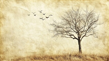 A solitary, bare tree stands against a vintage backdrop, with a flock of birds gracefully soaring across the sky, evoking a sense of stillness and tranquility in nature's beauty.