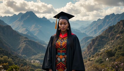 South African female graduate in Xhosa-inspired dress and black gown before mountain landscape and native flora