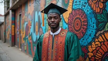 Nigerian male graduate in agbada-inspired robe with embroidery near vibrant mural with African patterns