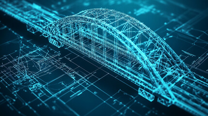 Intricate architectural blueprint of a modern bridge design—symbolizing engineering precision, innovation, structural integrity, and the fusion of technical planning with architectural vision.
