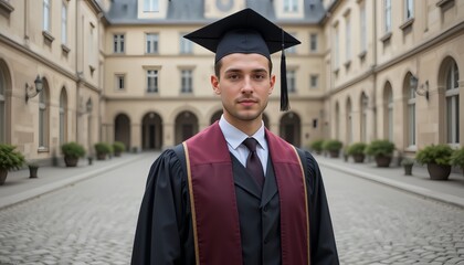 French male graduate in black robe with maroon stole in European courtyard with cobblestones and lanterns