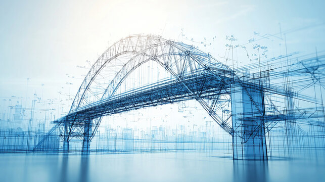 Intricate architectural blueprint of a modern bridge design—symbolizing engineering precision, innovation, structural integrity, and the fusion of technical planning with architectural vision.
