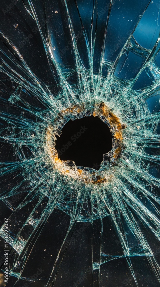 Poster a close-up view of a shattered glass surface, showcasing intricate cracks surrounding a central hole