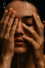 Fototapeta premium A person's face is shown with closed eyes, hands covering part of it, and water droplets dripping over their skin