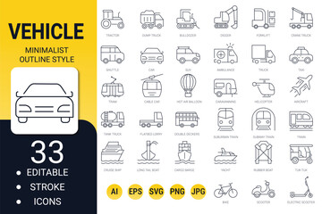 Vehicle, transport and delivery icon set – editable line vehicle symbols for travel and logistics