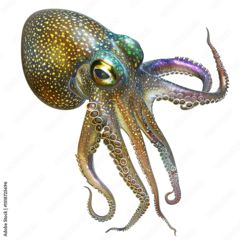 Poster vibrant and colorful octopus with intricate patterns and textures, showcasing its unique features an