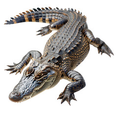 Fototapeta premium Detailed image of crocodile showcasing its textured skin, sharp teeth, and powerful limbs. reptile is positioned on transparent background, emphasizing its features and natural colors