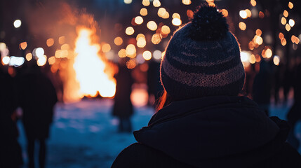 Back View of Woman in Knit Cap Watching Fire Show at Sabantuy Festival – Nighttime Celebration Featuring Cultural Performances, Bonfires, and Traditional Festivities in a Warm Communal Spirit