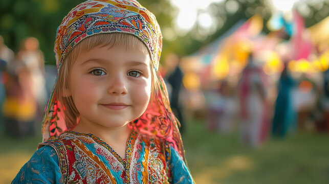 Adorable Child Wearing Traditional Tatar Attire at Sabantuy Festival &ndash; Showcasing Youth Participation in Celebrating Ethnic Identity, Cultural Pride, and Folk Heritage in a Festive Atmosphere