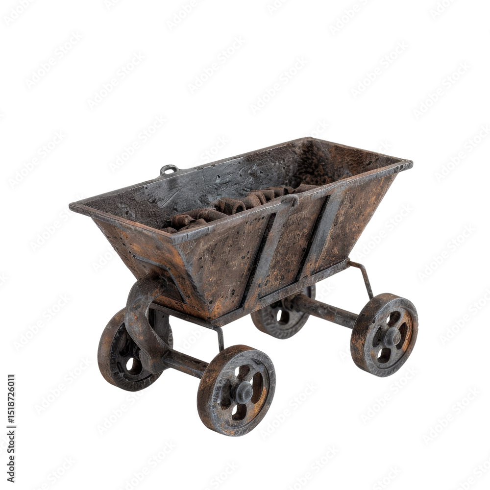 Poster rusty mining cart with wheels, showcasing vintage industrial design and weathered texture, perfect f