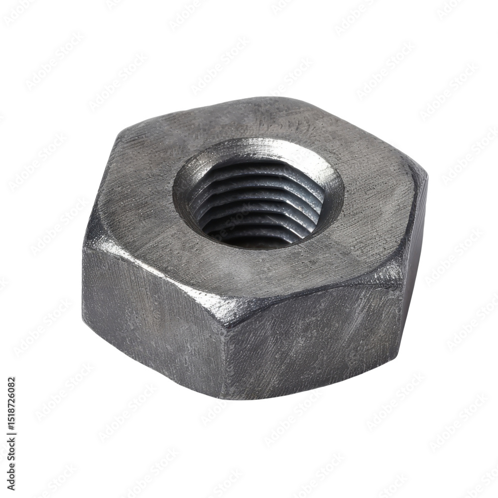 Poster close up view of metallic nut showcasing its hexagonal shape and threaded interior, perfect for vari
