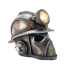 Fototapeta premium Vintage miner helmet with light, showcasing rugged metallic design and intricate details. This helmet symbolizes hard work and dedication of miners, evoking sense of history and adventure