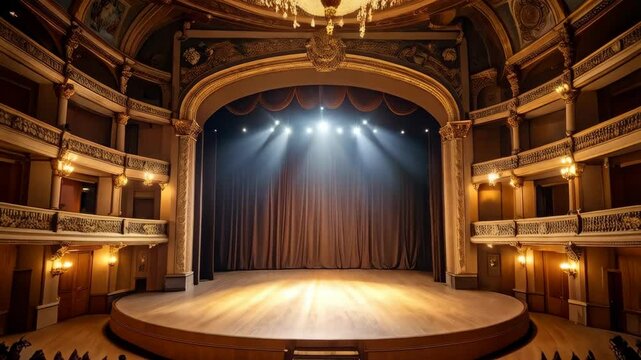 Elegant theatre interior with balconies, rows of seating, chandeliers, ornate gold detailing and brown stage curtain under bright spotlights