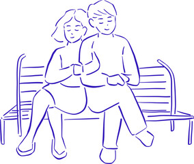 Line Art Couple Sitting On Bench Together
