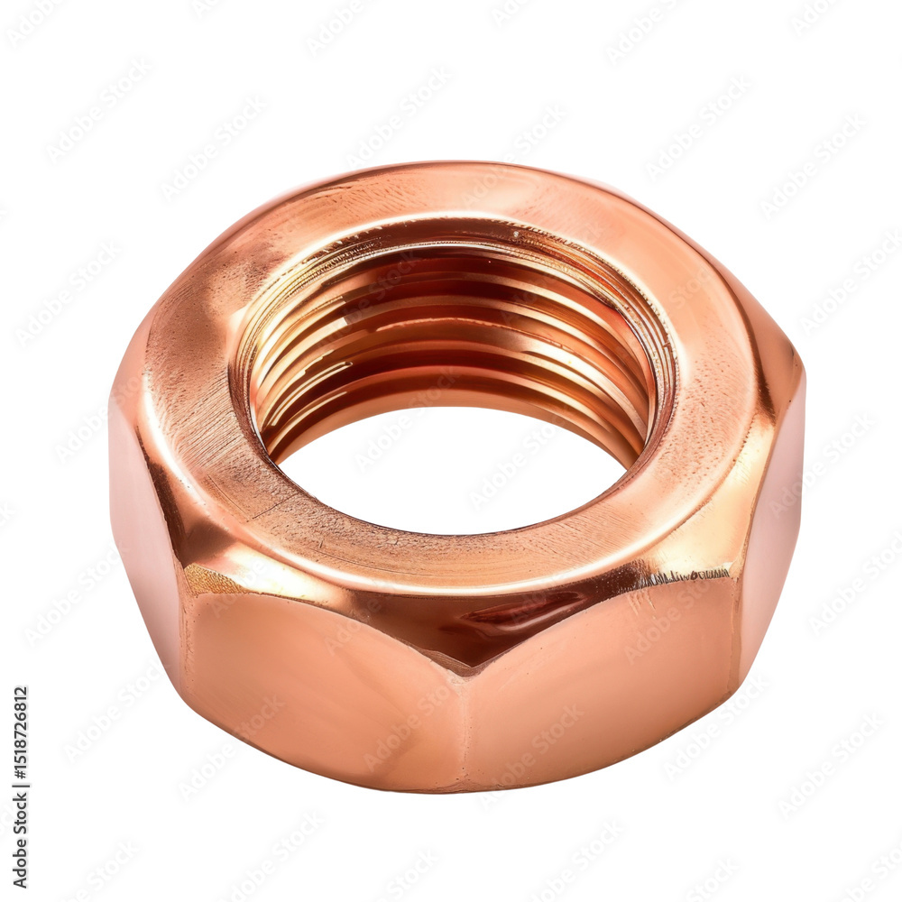 Poster shiny copper nut with hexagonal shape, featuring internal threading for secure fastening. this durab