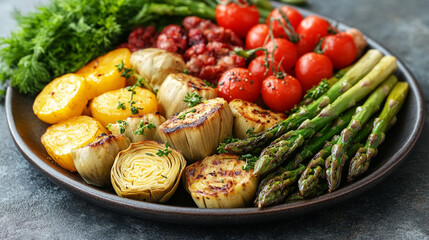 A gourmet vegan dish of asparagus and artichoke garnished with herbs&mdash;symbolizing freshness, seasonal produce, clean eating, plant-based living, and culinary creativity with vibrant color.
