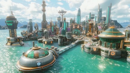 Futuristic city on islands, vibrant colors, water, sky