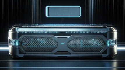Obraz premium Futuristic, metallic box with glowing panels, dark backdrop