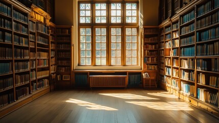 Sunlit library interior with tall wooden bookshelves