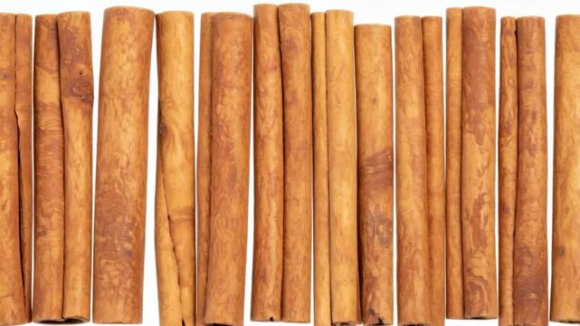 Detailed row of brown cinnamon sticks lying flat against a stark white background in a studio setting, perfect for food themes.